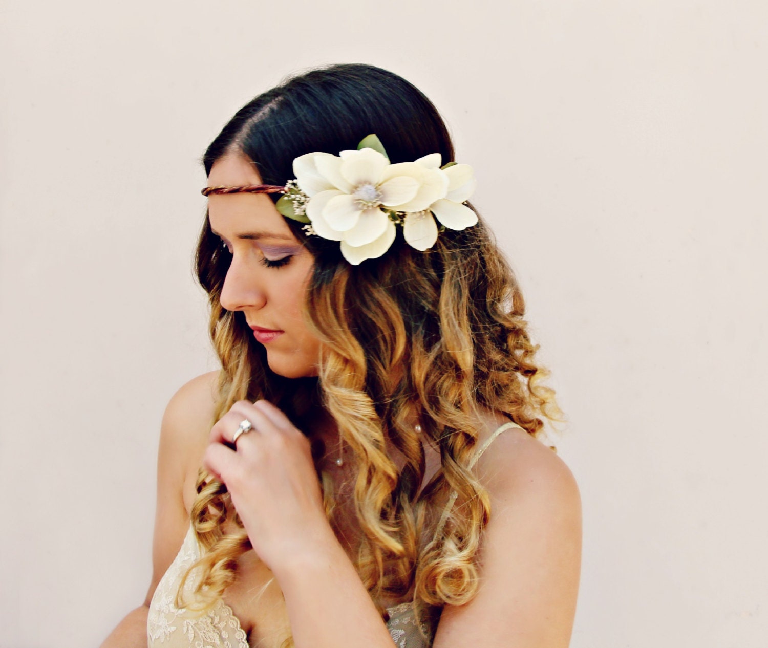 ALINA Romantic Rustic Flower Crown Magnolia Wedding Hair Accessories Halo Floral Headband Headpiece ALINA Romantic Rustic Flower Crown Magnolia Wedding Hair Accessories Halo Floral Headband Headpiece