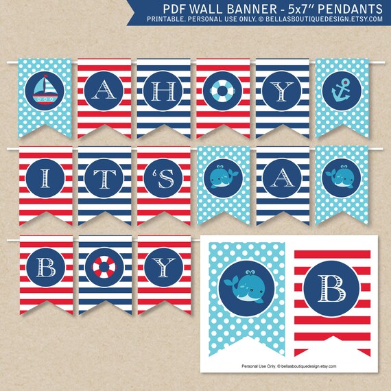 INSTANT DOWNLOAD, Ahoy It's a Boy, Baby Shower Wall Banner, Nautical, Whales, Anchor, Sailboat Il_570xn