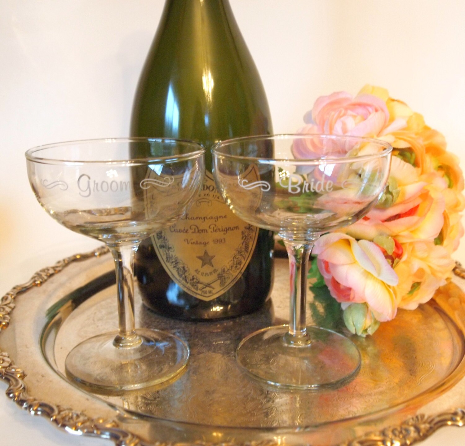 Vintage Bride and Groom Champagne Coupe Toasting Glasses for