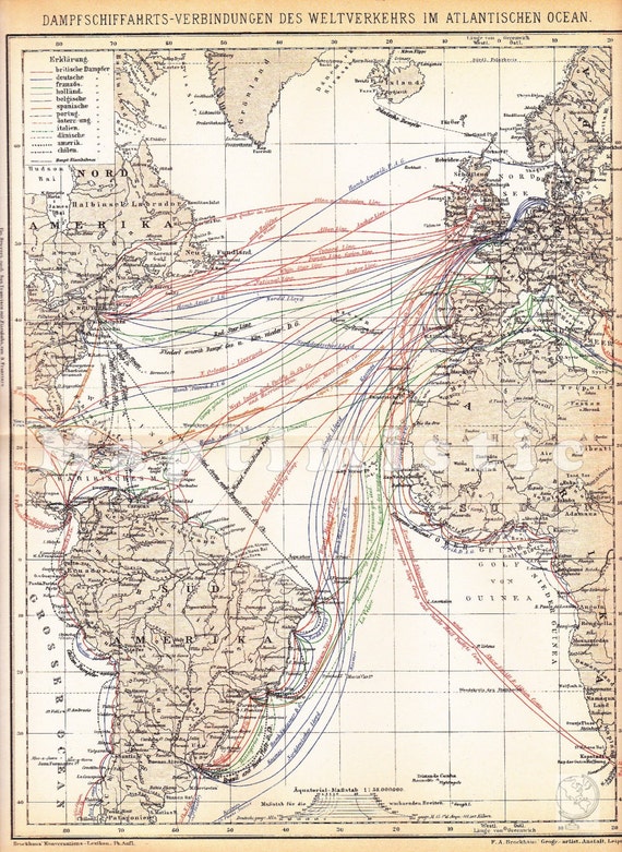 1898 Shipping Routes on the Atlantic Ocean at the end of the