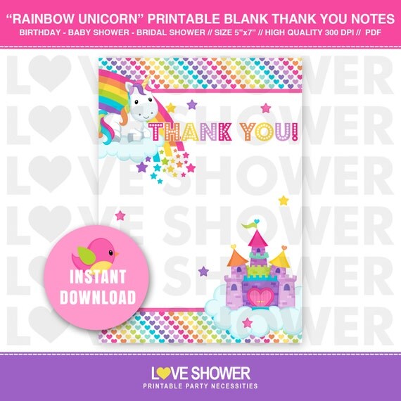 rainbow unicorn blank thank you notes instant download