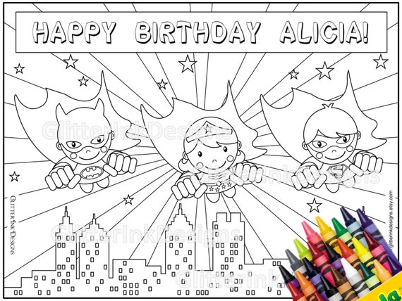 Download Super Heroes party coloring page with flying Wondergirl, Superman & Batman - TEXT EDITABLE pdf ...