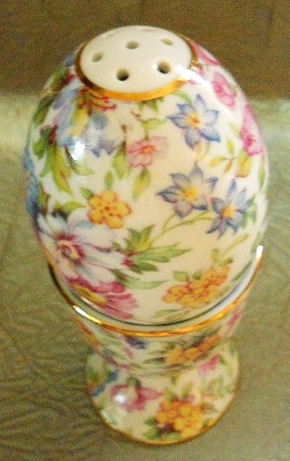 Vintage English Chintz China Egg Cup & EggShaped Shaker
