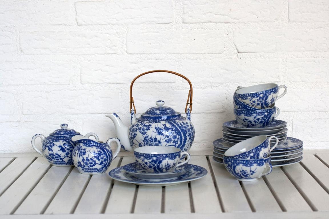Vintage Blue and White Porcelain Tea Set by CirceCollectables
