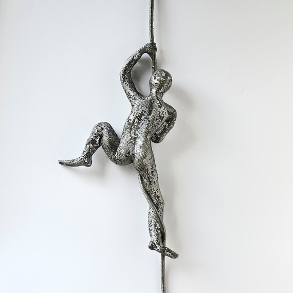 Contemporary metal wall art Climbing man sculpture on rope