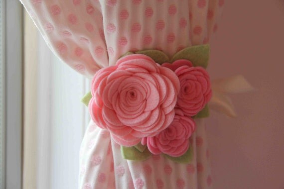 Two - Felt Rose Curtain Tiebacks for Drapery (Pink and Cotton Candy)