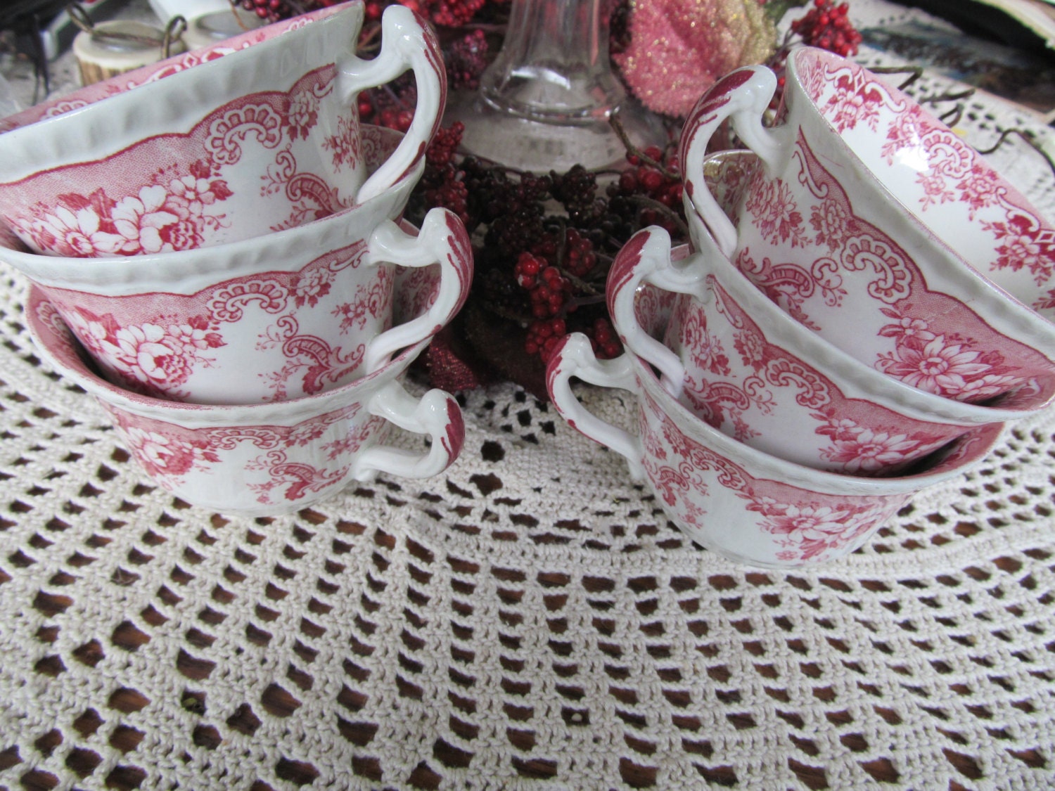 Set of 6 Red Transferware Tea cups English Tea cup Set Maddock