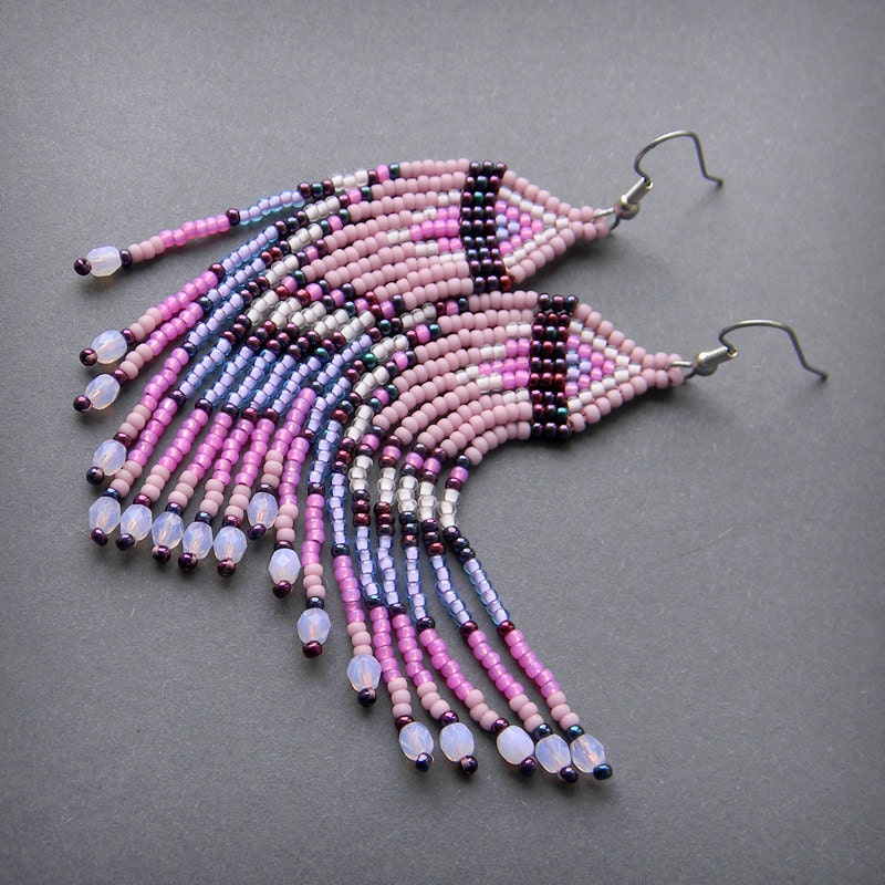 Pink And Purple Beaded Fringe Earrings By Anabel27shop On Etsy