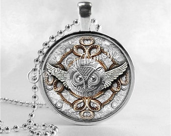 OWL Necklace, Steampunk Owl, Bird Necklace, Owl Pendant, Owl Jewelry, Glass Art Pendant Charm, Bird Jewelry, Gothic
