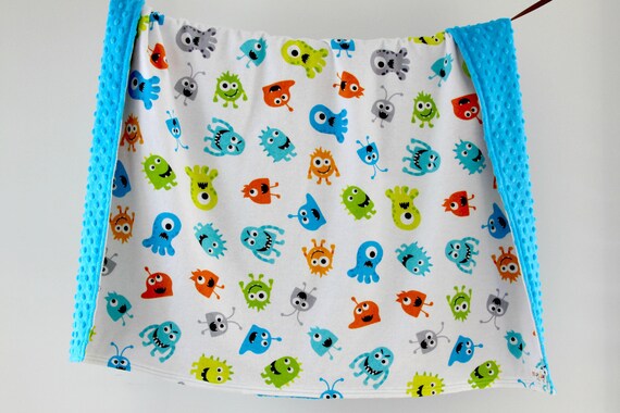 Large Baby/Toddler Blanket, Flannel Monsters with Blue Minky Dot, Ready to Ship