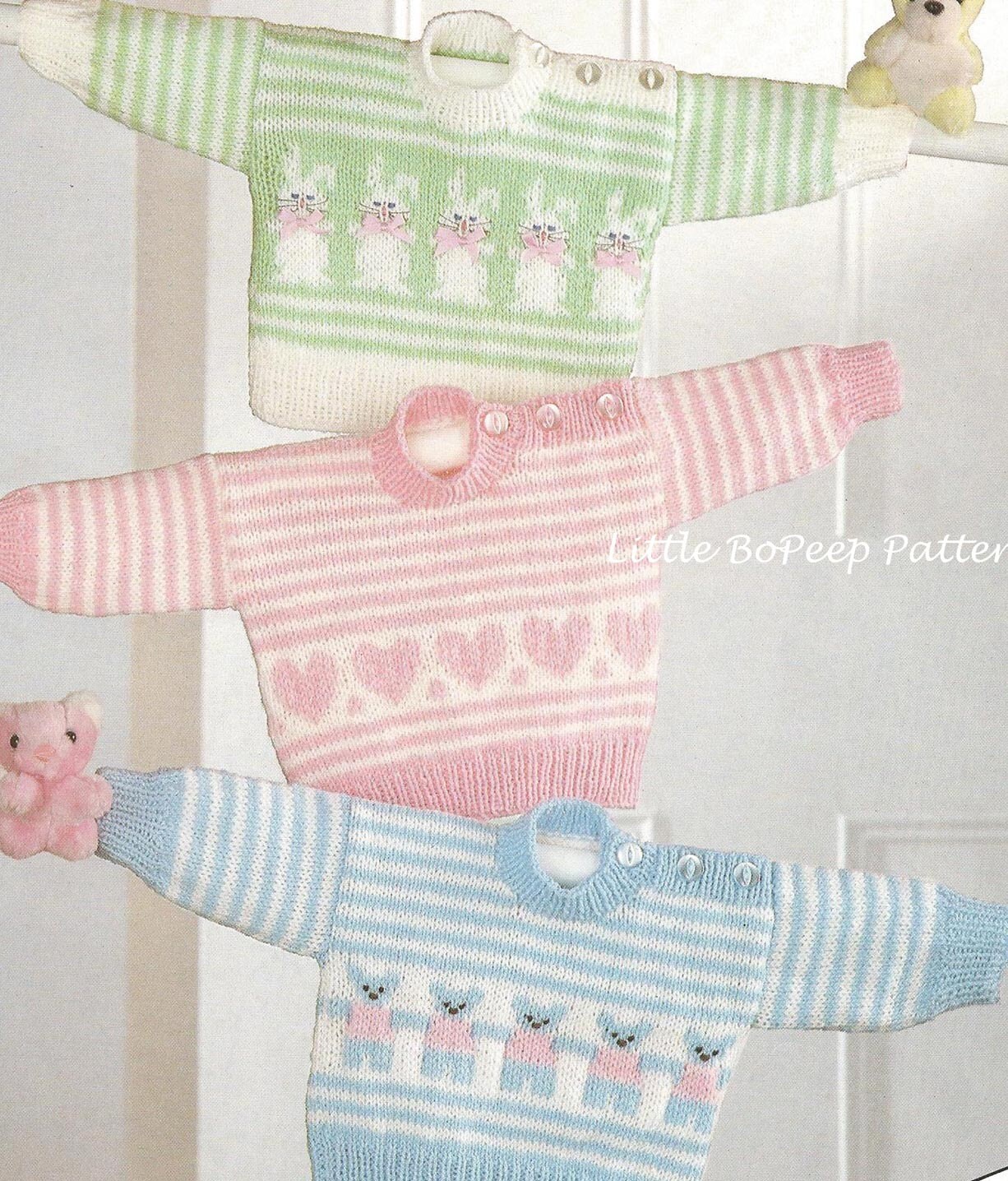 Baby Jumper knitting pattern with Heart Bear or Rabbit Motifs