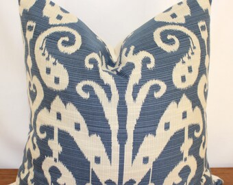 Decorator Pillow Cover - Throw Pillow- Ikat - Kravet-Blue - Cream - 18x18 20x20- Accent Pillow