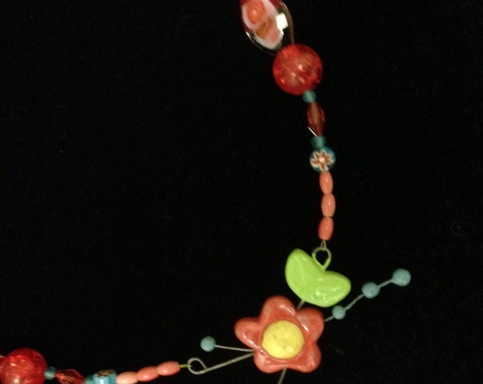 18" Flower Necklace - Pendant is Wood and Wire - Beads are mixed with glass, acrylic, resin, wood and clay.