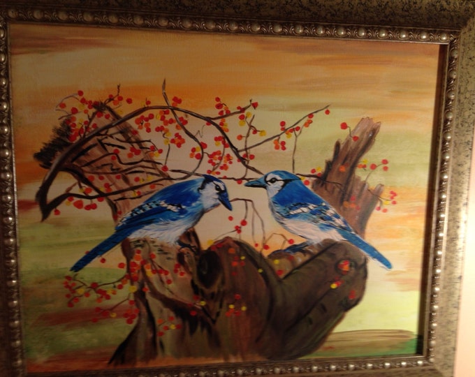 2 Blue Jays on a 16 x 20 Canvas then framed with a wood frame