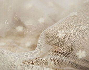 off white tulle lace fabric, embroidered daisy lace fabric, vintage gauze lace fabric, polka dots lace fabric