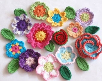 12 Crochet Flowers With 8 leaves Applique YH - 170-01
