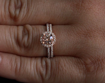14k rose gold 6mm morganite round single cushion halo diamond ring and wedding band set - Wedding Band For Halo Ring 14k rose gold 6mm morganite round single cushion halo diamond ring and wedding band set - Wedding Band For Halo Ring