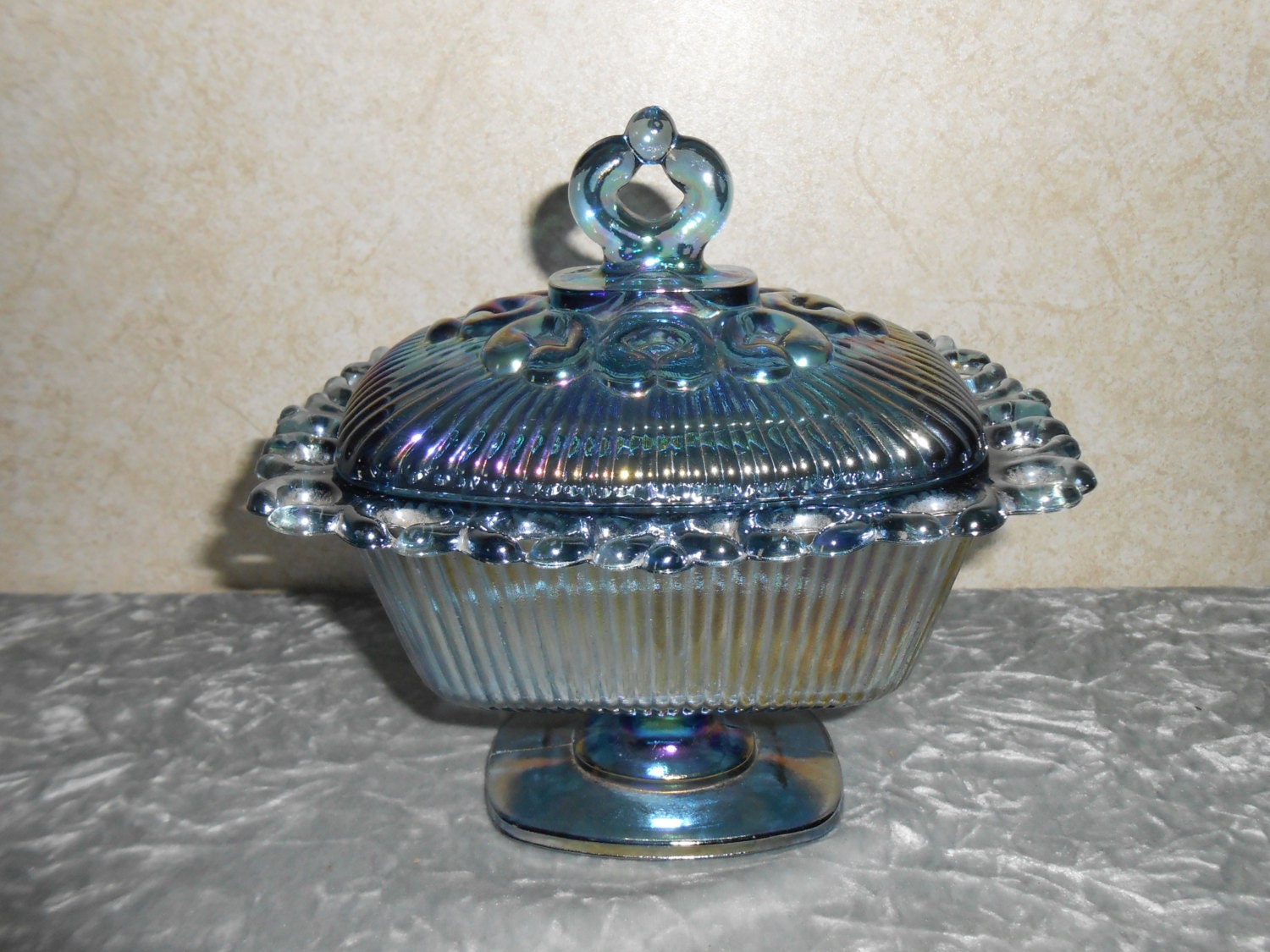 Indiana Blue Carnival Glass Elegant Candy Dish with Lid
