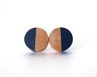 Navy blue wood post earrings, wood stud earrings, navy blue circle earrings, fake gauges, minimalist studs, natural earrings, dipped paint