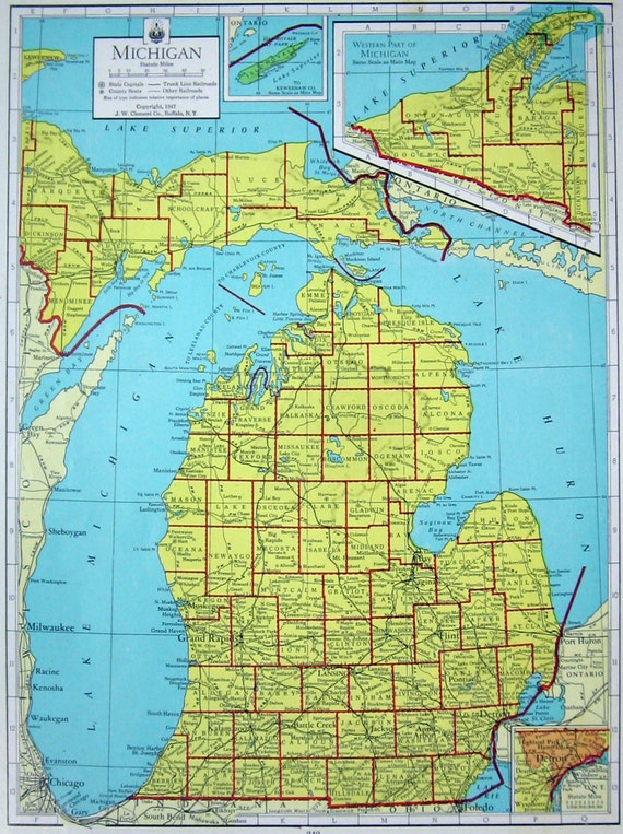 Vintage 1947 Michigan State Map Very Detailed by MyPaperedPast