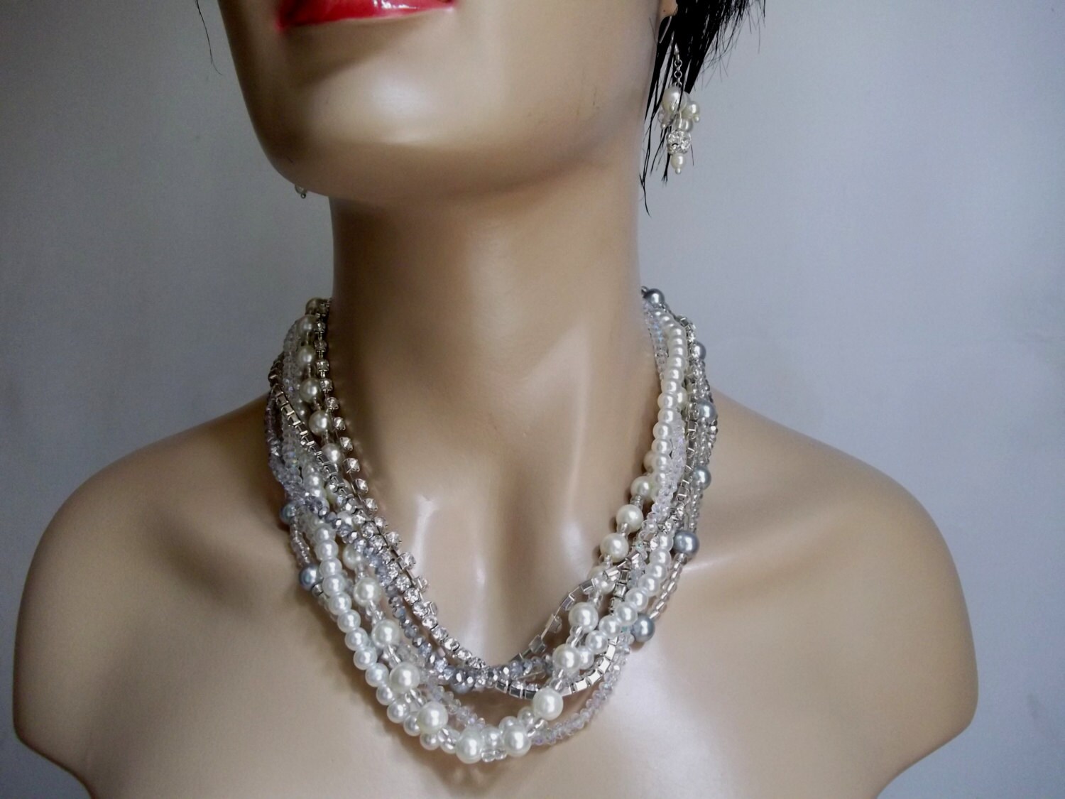 Chunky Layered Ivory Pearl Necklace With Rhinestones Brides