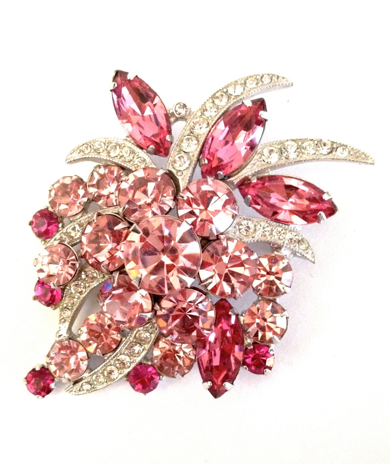Eisenberg Pink Rhinestone Brooch Floral Spray Fuchsia Pink