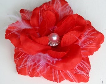 Red Bridal Flower Hair Clip Wedding Accessory  Crystals Feathers Pearl