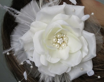 Ivory Bridal Flower Hair Clip Wedding Accessory  Crystals Feathers Pearls Vail