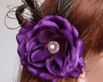 Wedding Accessory Purple Hair Clip Bridal Accessory Hair Flower Clip Pearl Feathers Vail