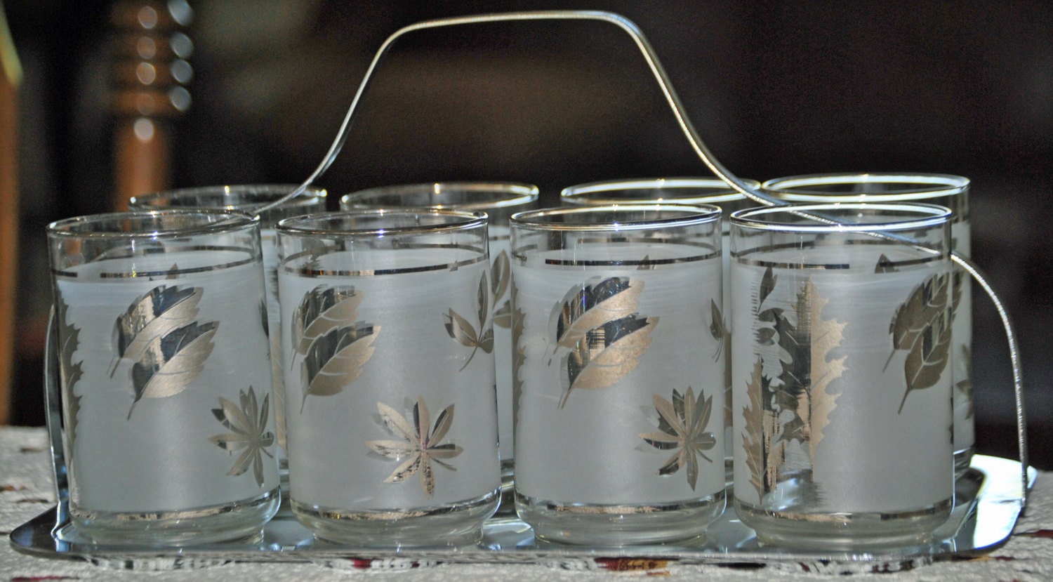 8 Vintage Libbey Silver Leaf Beverage Glasses In Caddy