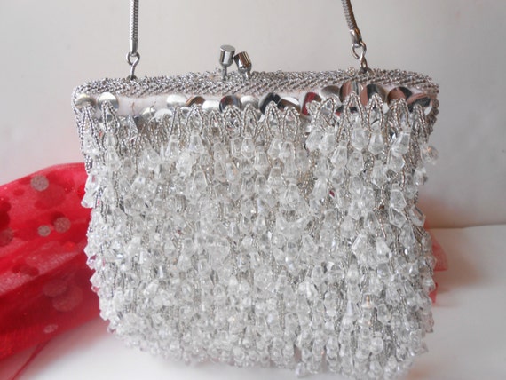 Crystal Beaded Evening Bag Vintage Silver Purse Wedding