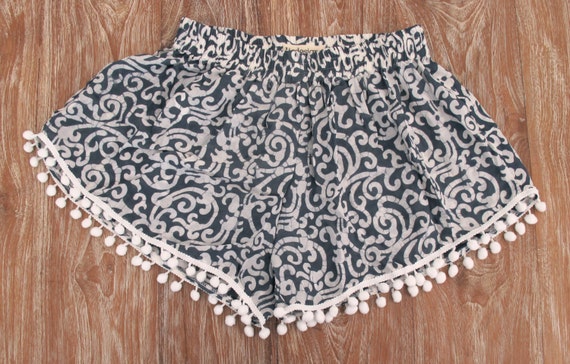 large trim navy pom pom Shorts Navy White Fit Swirl  pom pom's with Loose  Pom Pom Print