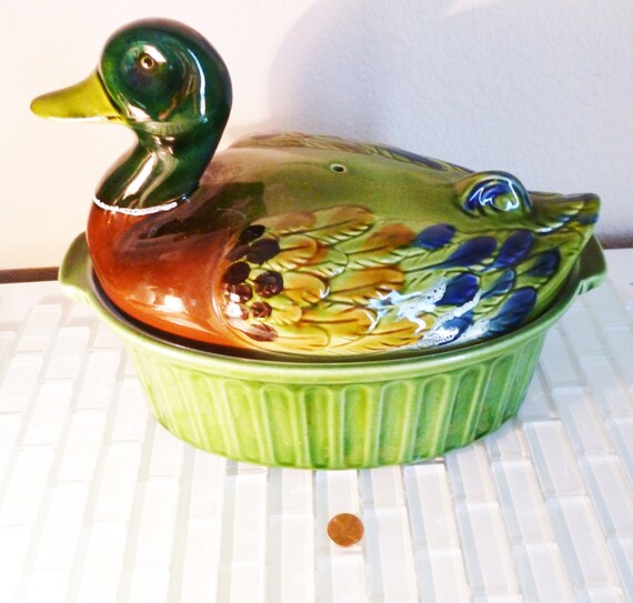 Vintage French Ceramic Casserole Duck Dish Lid Mallard Duck