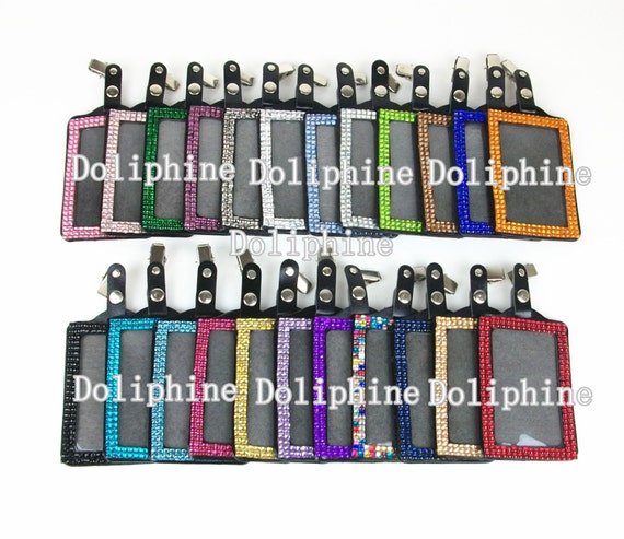 Multi-Colors Vertical Rhinestone ID Leather Badge Holder with Metal Alligator Clip