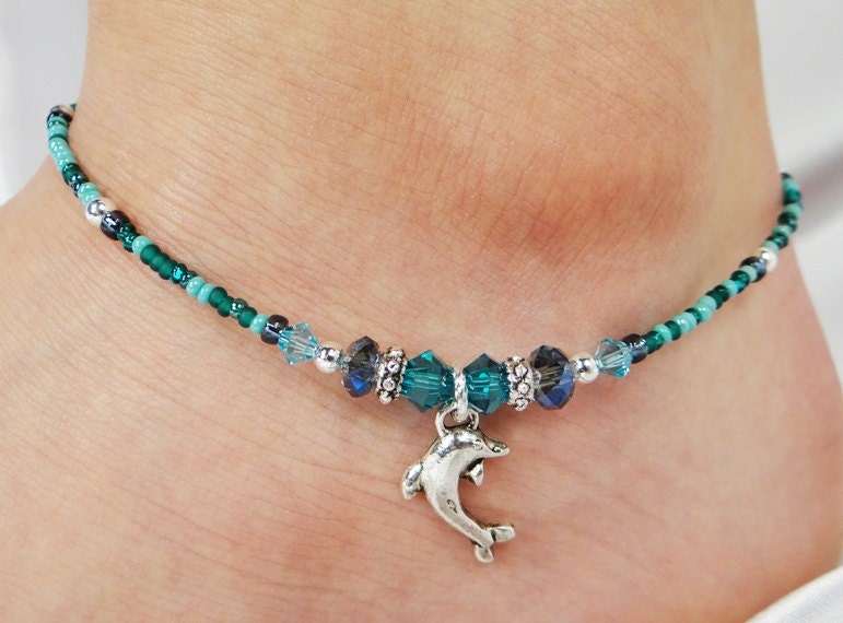 Anklet Ankle Bracelet Dolphin Charm Teal Blue Green
