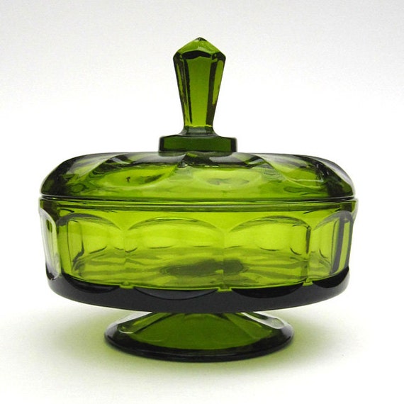 Vintage Emerald Green Covered Bowl Candy Dish Server