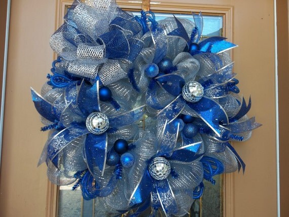 Items similar to Blue and Silver Deco Mesh Holiday Wreath on Etsy