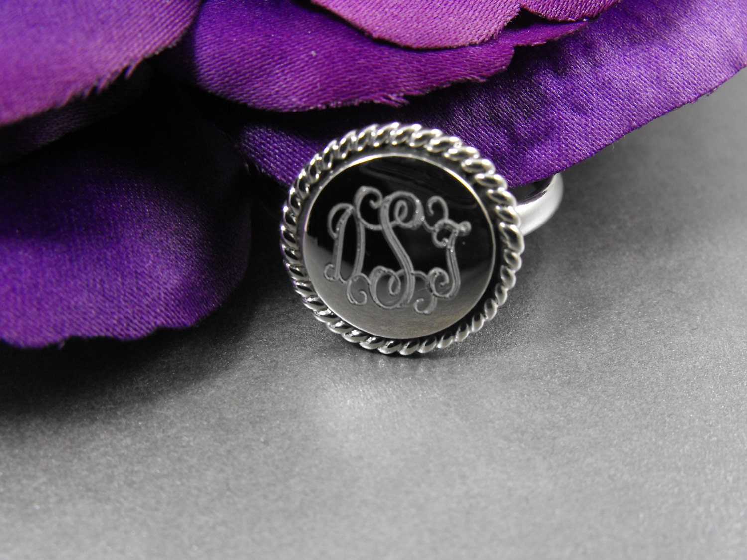 Monogram Sterling Silver Round Ring Braided Trim Personalized