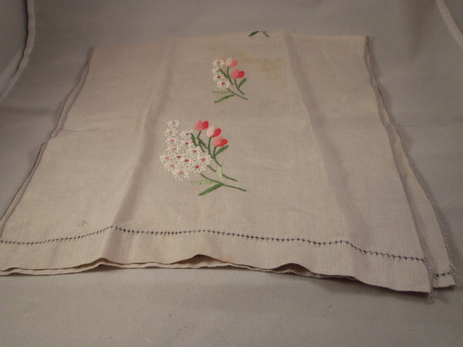 Vintage Hand Embroidered Taupe Linen Decorative Towel