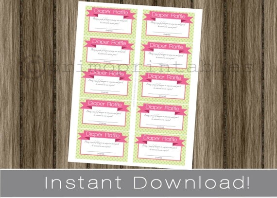 Girl Baby Shower Diaper Raffle Tickets, pink and green, INSTANT DOWNLOAD diy digital printable file , babyshower Il_570xn