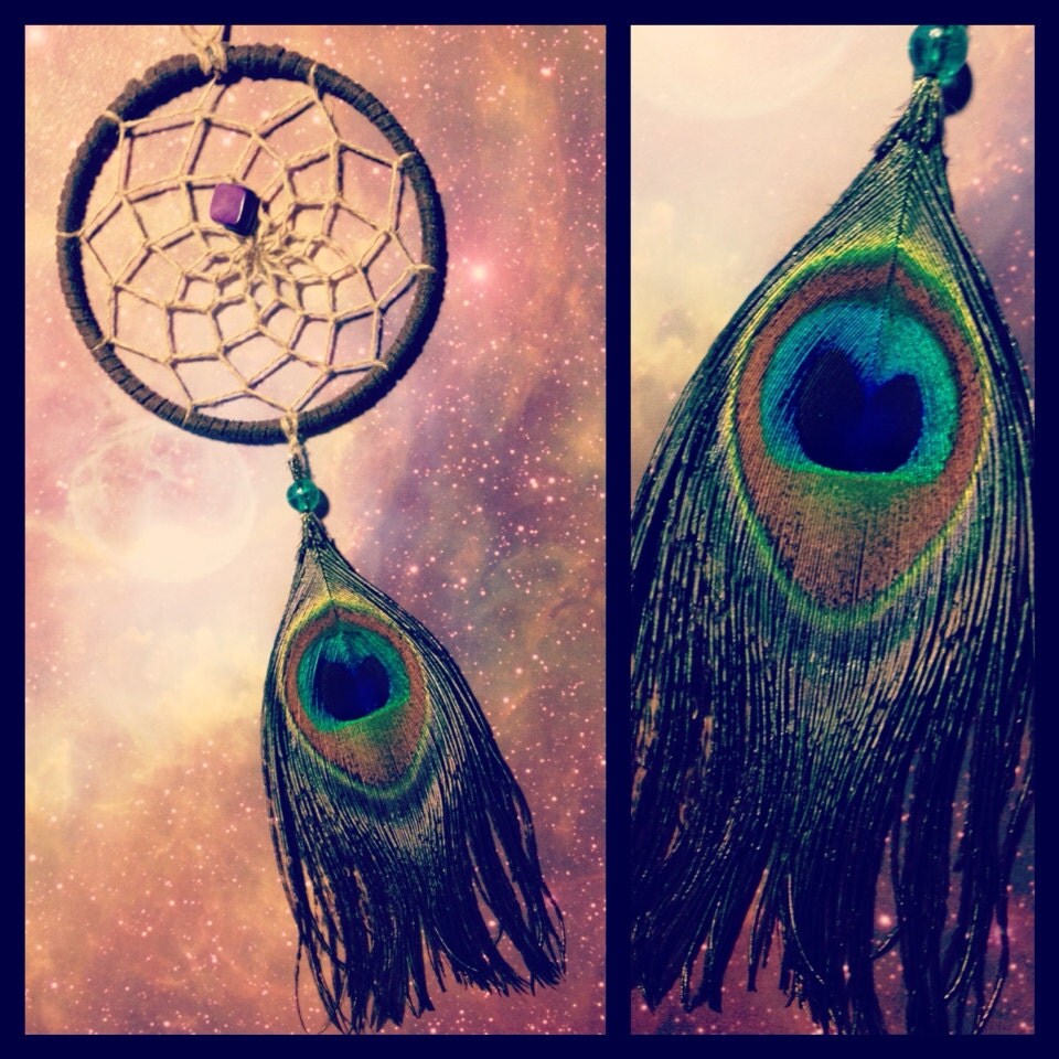 Peacock feather dream catcher with brown by dreampeacepositivity
