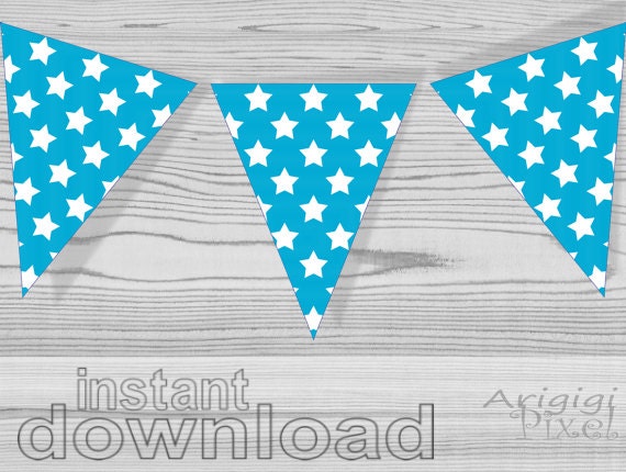 patriotic printable pennant, blue turquoise with white stars, July 4th decorative garland, DIY, photo prop instant download Il_570xn