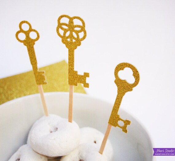 Glittery Gold or Silver KEY Party Picks, Toothpicks, Cupcake Toppers, Food Picks (Set of 12) Il_570xn