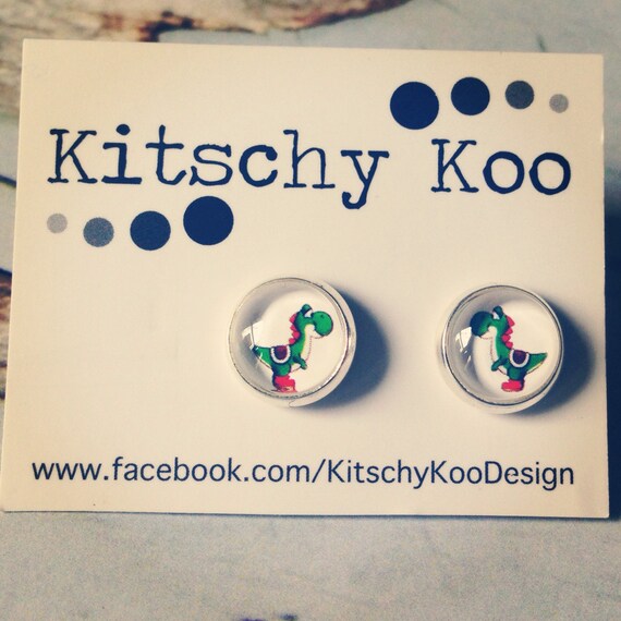 Yoshi glass earrings. Surgical steel geek kitsch earrings. Hypoallergenic.