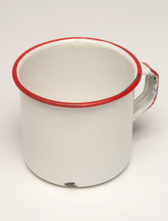 Enamelware cup with cup Vintage trim 1970s vintage red white enamelware