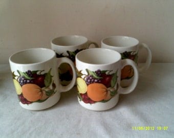 Set of Four Regency Club Heavy Coffee Tea Mugs Cups with Fruit, Stoneware Mugs, Stoneware Cups