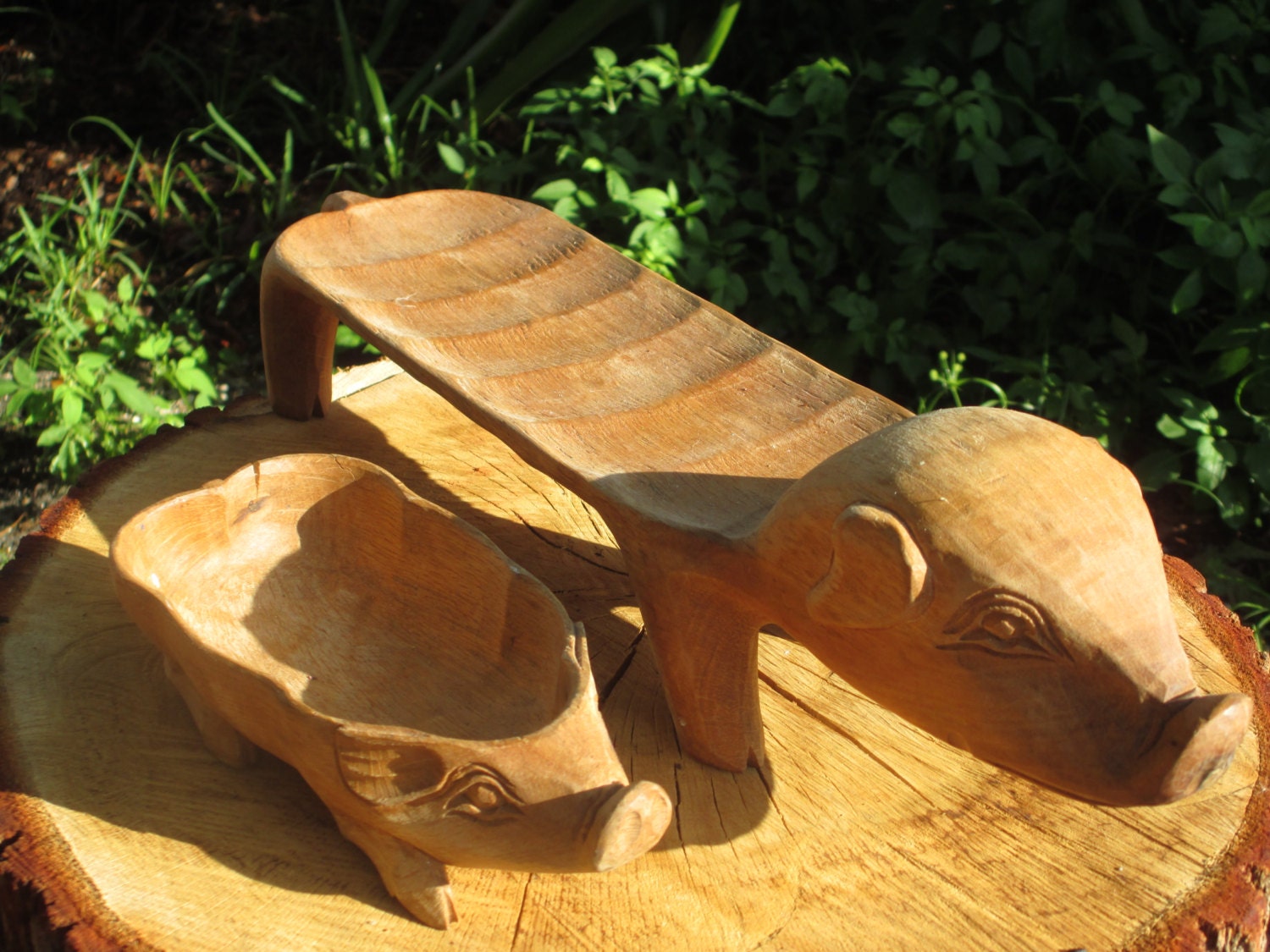 Hand Carved Wood Pig Serving Set: Wooden Vintage Pigs Platter