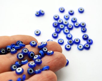 Blue Evil Eye 6mm Flat Glass Beads From Turkey - Set Of 50, Ojo Beads 50 Pcs, Dark Blue Flat Evil Eye Beads Nazar Evil Eye Hamsa Evil Eye