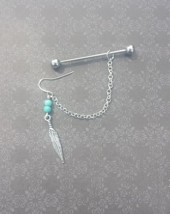Feather Industrial Barbell & Earring with by FeatherBlueJewelry