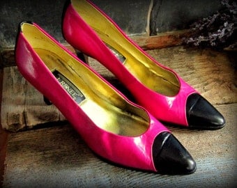Vintage Leather Shoes Color Block Hot Pink Black Toe inch Pumps Pin-up ...